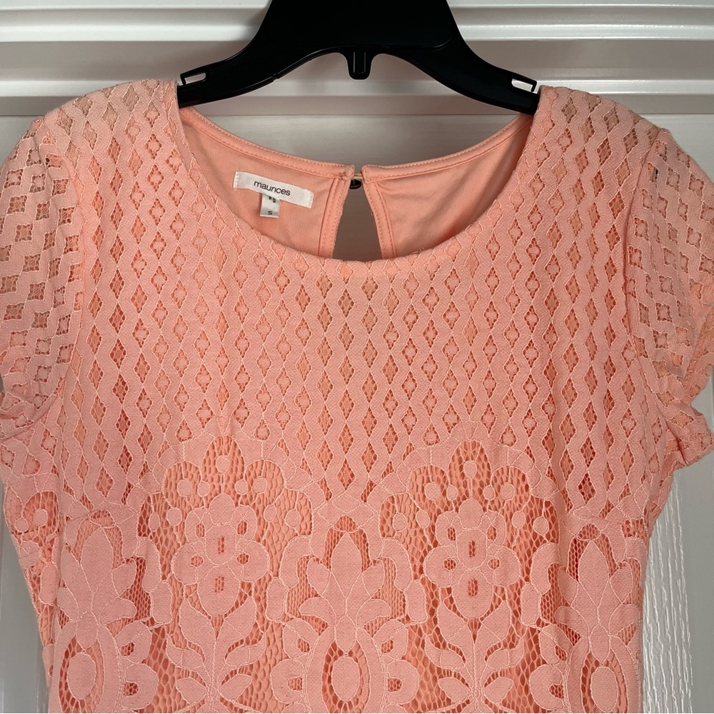 Maurices Light Peach/Coral Lace Peplum Blouse - Picture 2 of 10